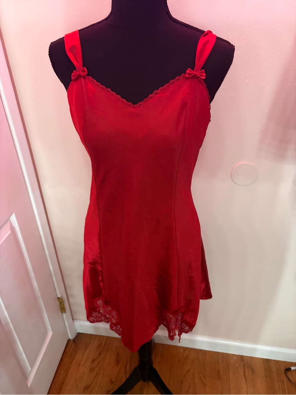 Vintage Cacique Red Satin Slip with Lace Trim